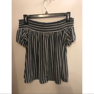 Off the shoulder blue and white striped tee